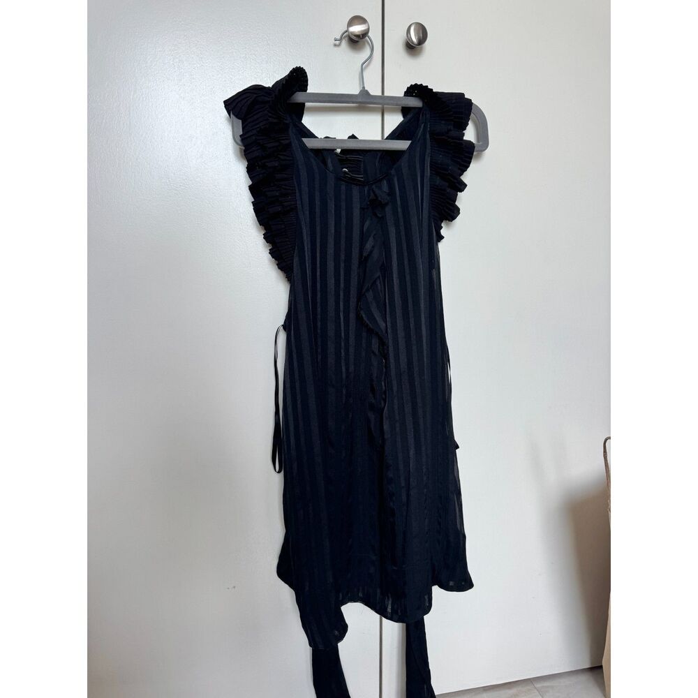 100% silk BCBG Maxazaria cross back ruffle top sheer stripes cinch tie detail S